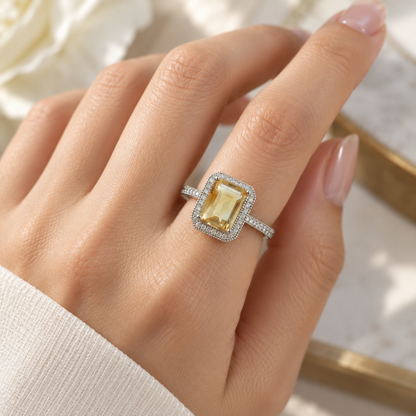 3 Carat Natural Citrine Halo Ring – Emerald-Cut 925 Sterling Silver Adjustable Statement Ring