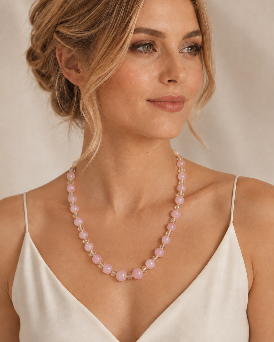 Natural Rose Quartz & Clear Quartz Necklace | Original Handmade Design with 13mm Rose Quartz