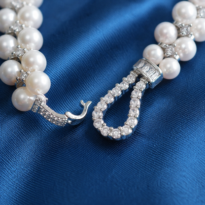 Handcrafted Double Row Freshwater Pearl Bracelet, 6mm Pearl Beaded Bracelet with CZ Crystal Clasp, Elegant Jewelry Gift for Women