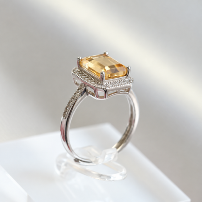 3 Carat Natural Citrine Halo Ring – Emerald-Cut 925 Sterling Silver Adjustable Statement Ring