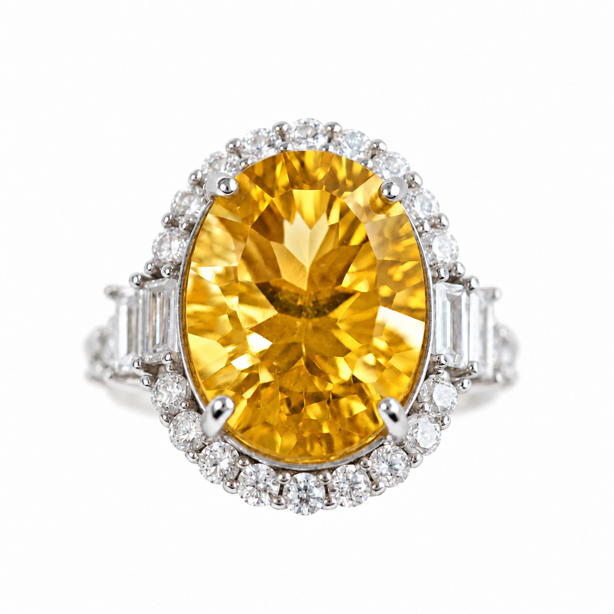 Approx. 10 Carat Brazilian Natural Citrine Oval Halo Statement Ring – 925 Sterling Silver Adjustable Ring