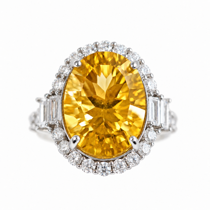 Approx. 10 Carat Brazilian Natural Citrine Oval Halo Statement Ring – 925 Sterling Silver Adjustable Ring