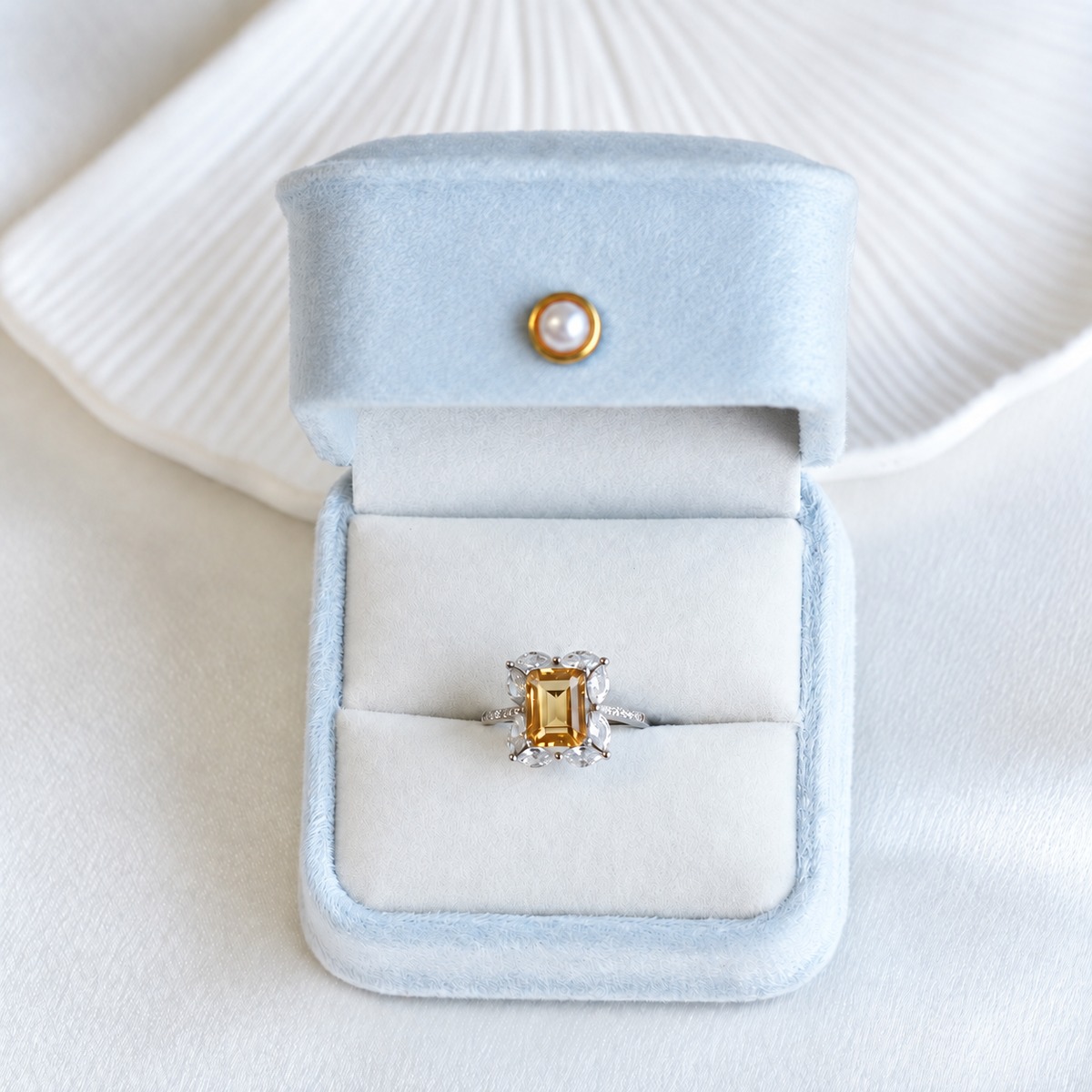 2.4 Carat Natural Citrine Floral Cluster Ring – Emerald-Cut 925 Sterling Silver Adjustable Ring