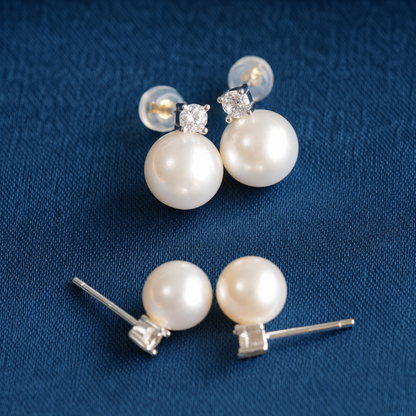 Freshwater Pearl Sparkling Stud Earrings – 8mm / 10mm – S925 Sterling Silver Posts – Gold / Silver