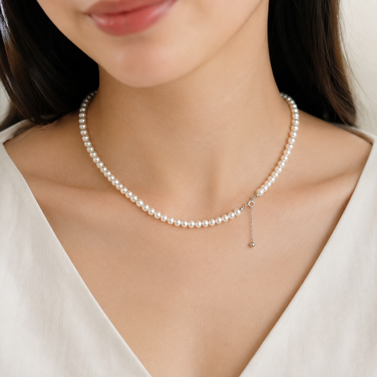 5-6mm Freshwater Pearl Necklace, Sterling Silver Clasp, Adjustable Length Pearl Choker Necklace, Elegant Everyday Jewelry