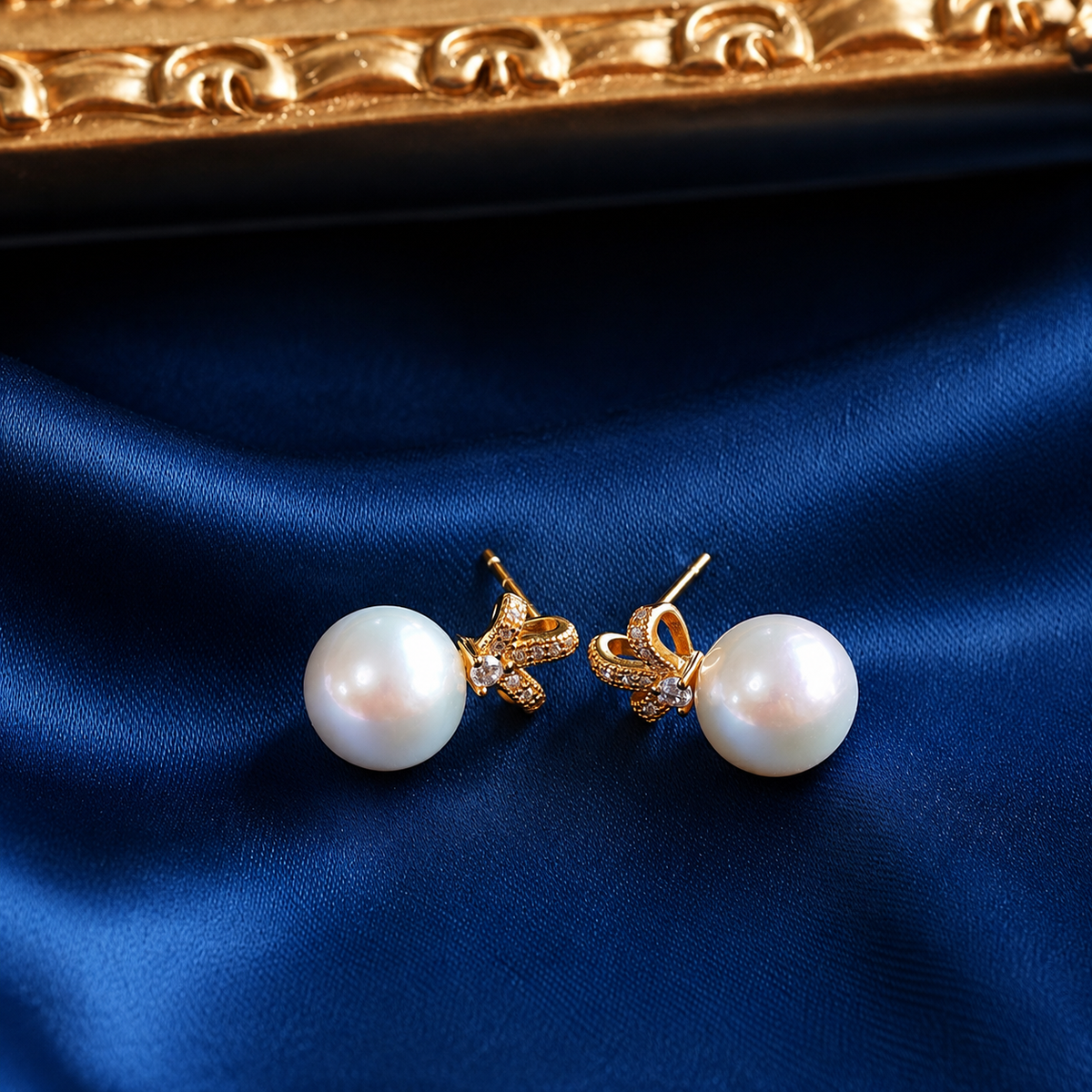 Freshwater Pearl Bow Stud Earrings – Approx. 10mm – Gold-Plated S925 Sterling Silver