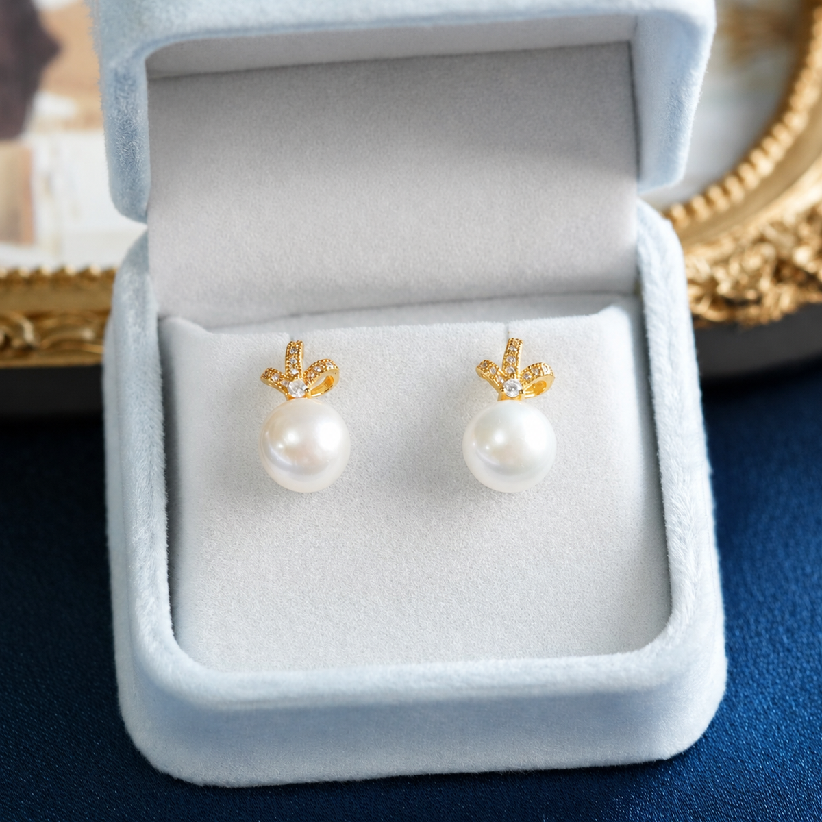 Freshwater Pearl Bow Stud Earrings – Approx. 10mm – Gold-Plated S925 Sterling Silver