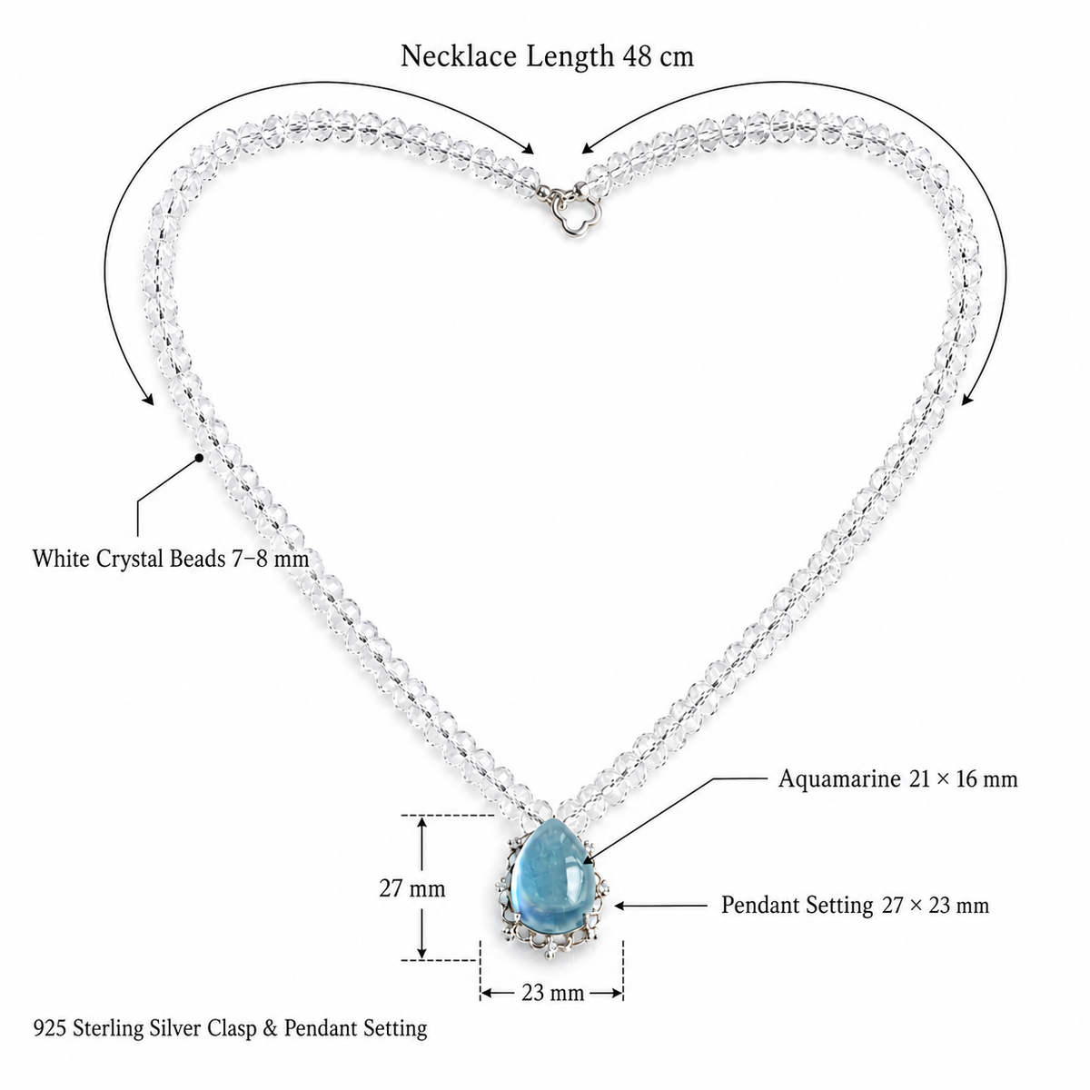 Original Design Natural Aquamarine & Faceted Clear Quartz Necklace | 925 Sterling Silver | Handmade