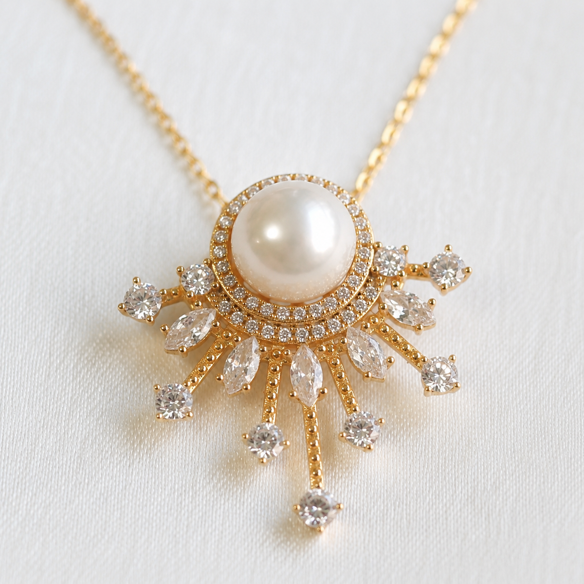 10mm Freshwater Pearl Sunburst Pendant Necklace with 925 Sterling Silver Chain – Elegant Gift for Her