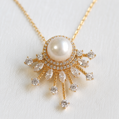 10mm Freshwater Pearl Sunburst Pendant Necklace with 925 Sterling Silver Chain – Elegant Gift for Her