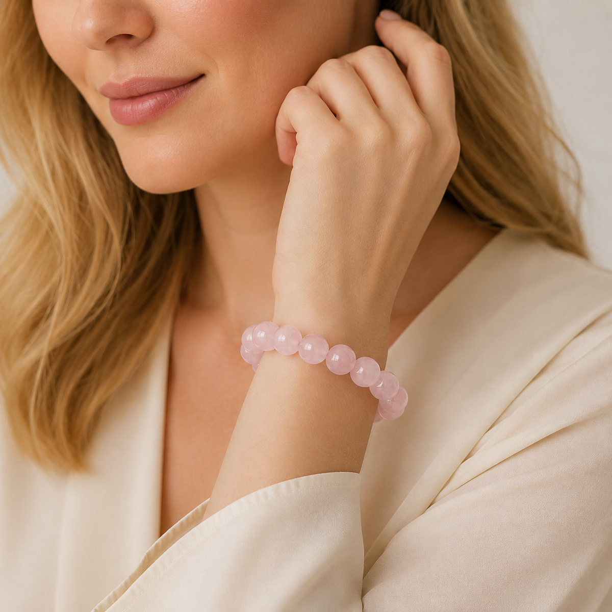 Natural Madagascar Rose Quartz Bracelet – 12mm Round Beads, Soft Pink Gemstone Bracelet