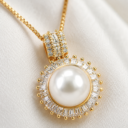 10mm Freshwater Pearl Halo Pendant Necklace with 925 Sterling Silver Chain – Elegant Gift for Her