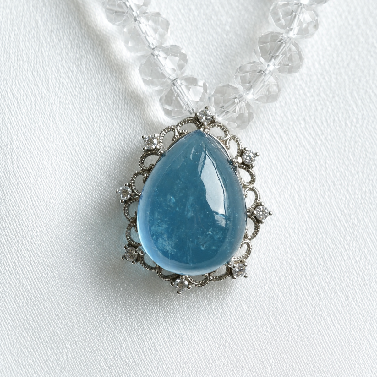Original Design Natural Aquamarine & Faceted Clear Quartz Necklace | 925 Sterling Silver | Handmade