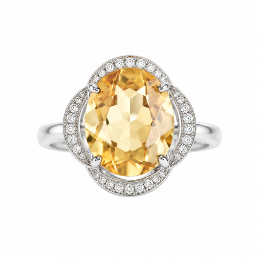 4.5 Ct Natural Citrine Floral Halo Ring – Oval Cut 925 Sterling Silver Adjustable Ring