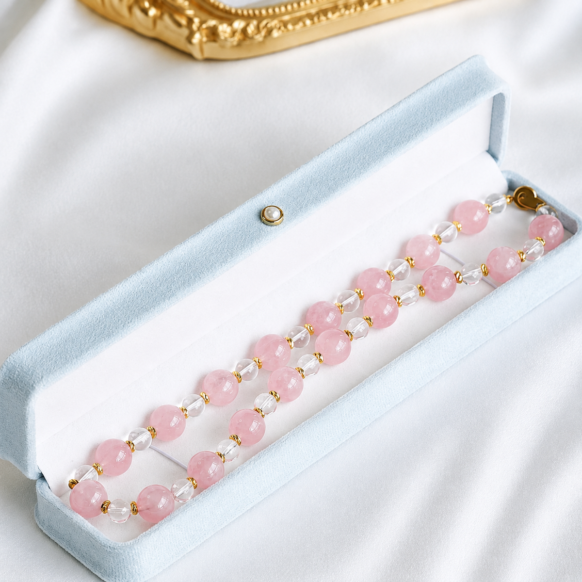 Natural Rose Quartz & Clear Quartz Necklace | Original Handmade Design with 13mm Rose Quartz