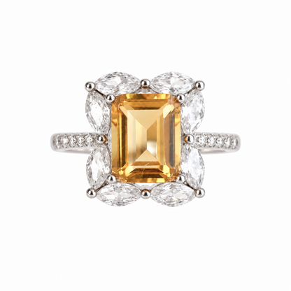 2.4 Carat Natural Citrine Floral Cluster Ring – Emerald-Cut 925 Sterling Silver Adjustable Ring