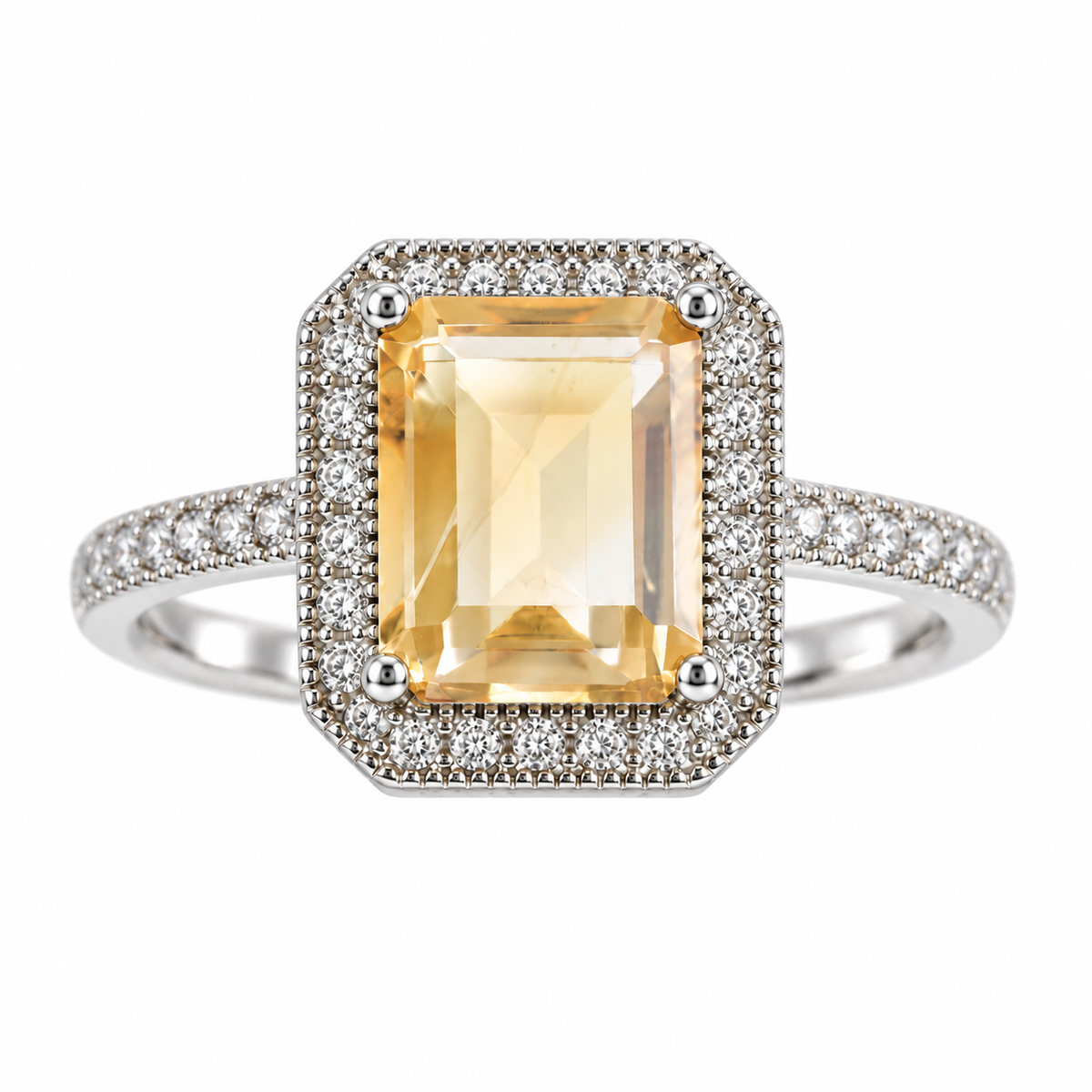 3 Carat Natural Citrine Halo Ring – Emerald-Cut 925 Sterling Silver Adjustable Statement Ring