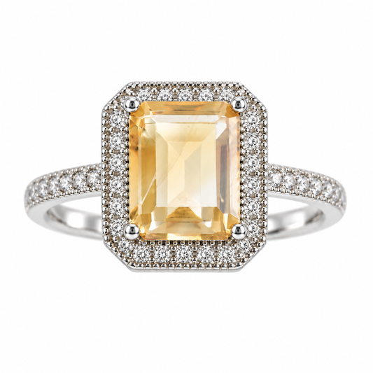3 Carat Natural Citrine Halo Ring – Emerald-Cut 925 Sterling Silver Adjustable Statement Ring