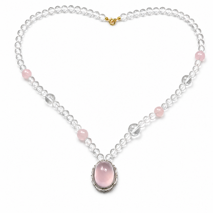 Artisan-Designed Natural Clear Quartz & Rose Quartz Necklace | Handcrafted 925 Sterling Silver Pendant