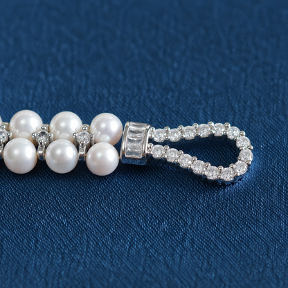 Handcrafted Double Row Freshwater Pearl Bracelet, 6mm Pearl Beaded Bracelet with CZ Crystal Clasp, Elegant Jewelry Gift for Women