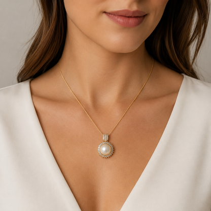 10mm Freshwater Pearl Halo Pendant Necklace with 925 Sterling Silver Chain – Elegant Gift for Her