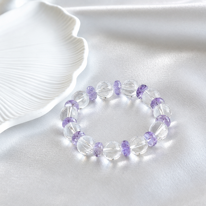 Natural Clear Quartz & Brazilian Amethyst Designer Bracelet – 12mm High-Clarity Quartz with Faceted Amethyst