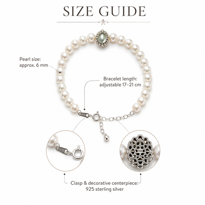 Vintage Freshwater Pearl Bracelet 6mm with 925 Sterling Silver Clasp, Adjustable Elegant Pearl Jewelry Gift for Women