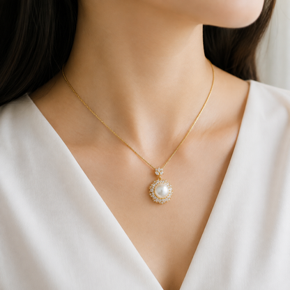 10mm Freshwater Pearl Pendant Necklace, 925 Sterling Silver Halo Pearl Jewelry