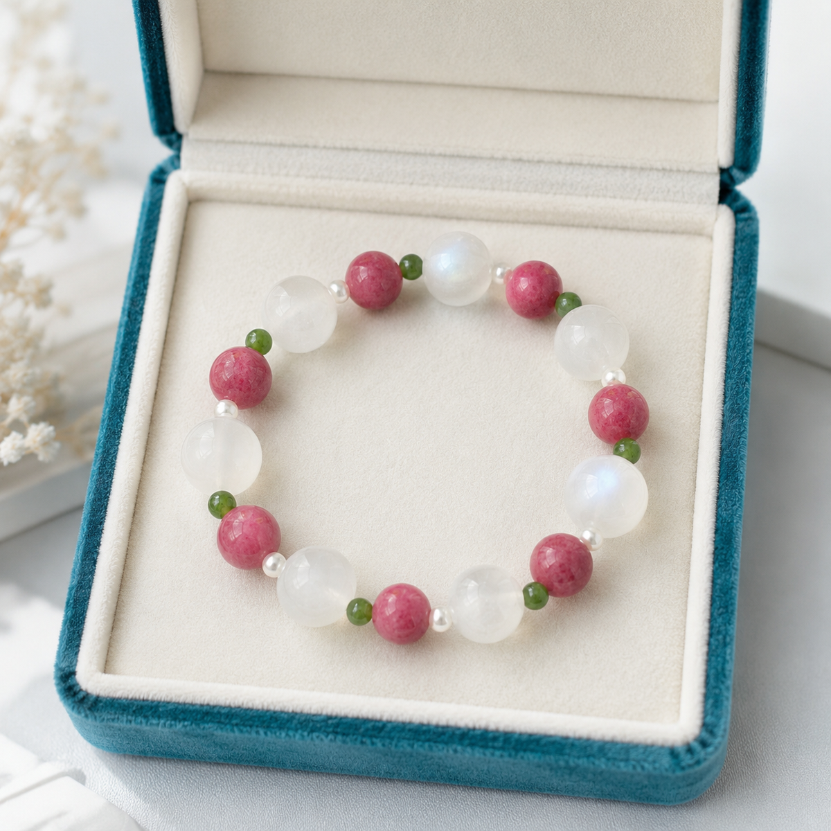 Natural Moonstone, Rhodonite, Nephrite Jade & Freshwater Pearl Bracelet – Handmade Gemstone Gift for Her