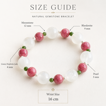 Natural Moonstone, Rhodonite, Nephrite Jade & Freshwater Pearl Bracelet – Handmade Gemstone Gift for Her
