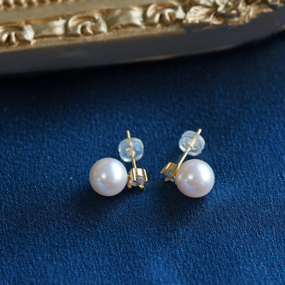 Freshwater Pearl Sparkling Stud Earrings – 8mm / 10mm – S925 Sterling Silver Posts – Gold / Silver