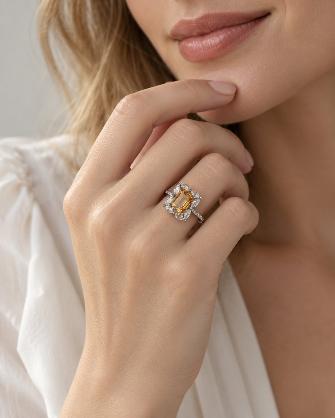2.4 Carat Natural Citrine Floral Cluster Ring – Emerald-Cut 925 Sterling Silver Adjustable Ring