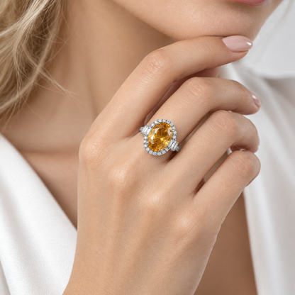 Approx. 10 Carat Brazilian Natural Citrine Oval Halo Statement Ring – 925 Sterling Silver Adjustable Ring