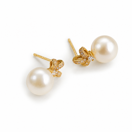 Freshwater Pearl Bow Stud Earrings – Approx. 10mm – Gold-Plated S925 Sterling Silver