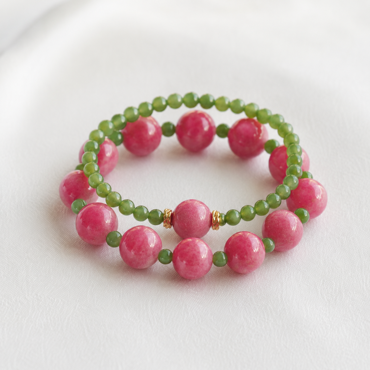 Green Nephrite Jade Bracelet with Natural Rhodonite Accent – Handmade Gemstone Bracelet