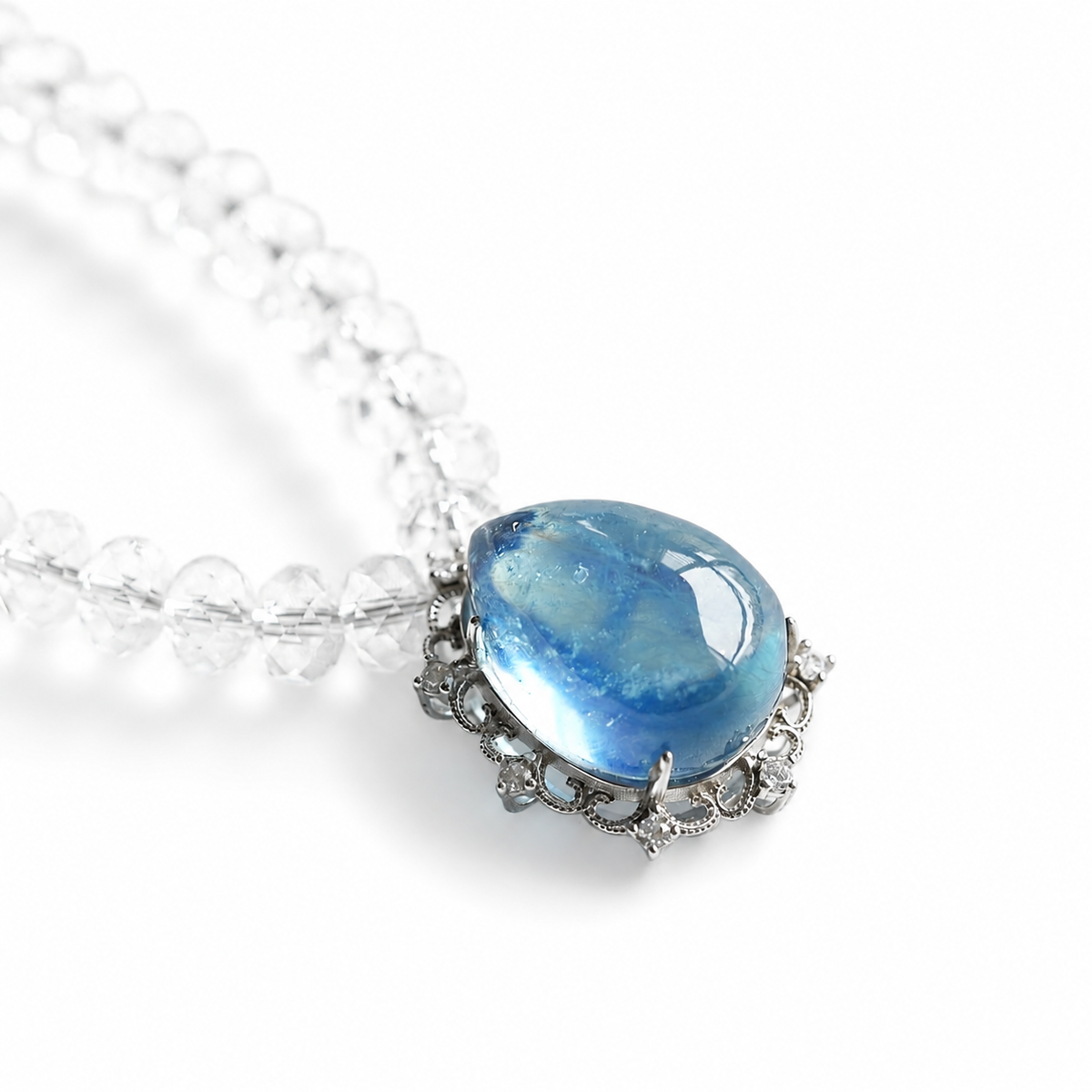 Original Design Natural Aquamarine & Faceted Clear Quartz Necklace | 925 Sterling Silver | Handmade