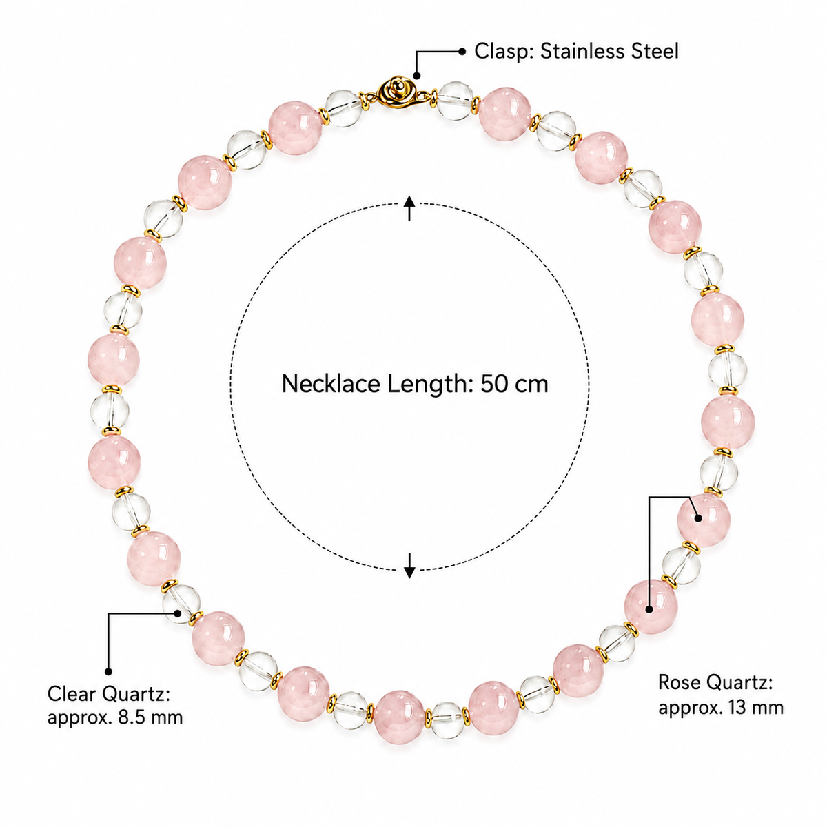 Natural Rose Quartz & Clear Quartz Necklace | Original Handmade Design with 13mm Rose Quartz