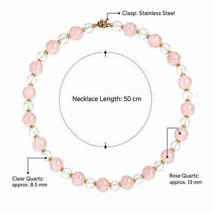 Natural Rose Quartz & Clear Quartz Necklace | Original Handmade Design with 13mm Rose Quartz