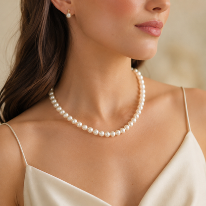 Natural Freshwater Pearl Necklace 7-8mm, Classic Warm White Pearl Choker Necklace with 316 Stainless Steel Clasp, Handmade Jewelry Gift for Women