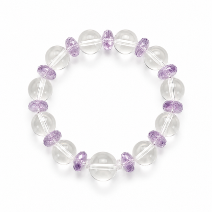 Natural Clear Quartz & Brazilian Amethyst Designer Bracelet – 12mm High-Clarity Quartz with Faceted Amethyst