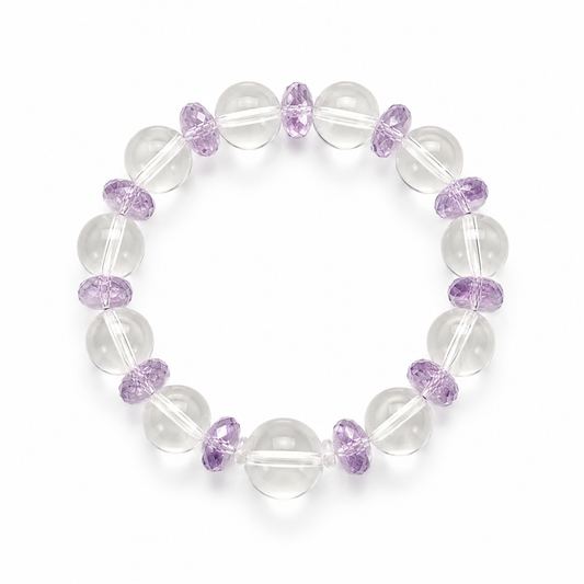 Natural Clear Quartz & Brazilian Amethyst Designer Bracelet – 12mm High-Clarity Quartz with Faceted Amethyst