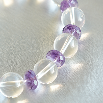 Natural Clear Quartz & Brazilian Amethyst Designer Bracelet – 12mm High-Clarity Quartz with Faceted Amethyst