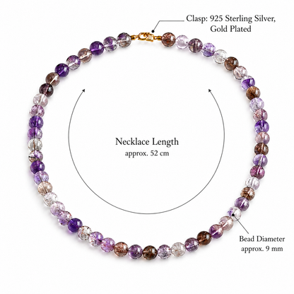 Natural Super Seven Crystal Necklace | Original Handmade Design, 9mm Beads & 925 Silver