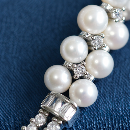 Handcrafted Double Row Freshwater Pearl Bracelet, 6mm Pearl Beaded Bracelet with CZ Crystal Clasp, Elegant Jewelry Gift for Women