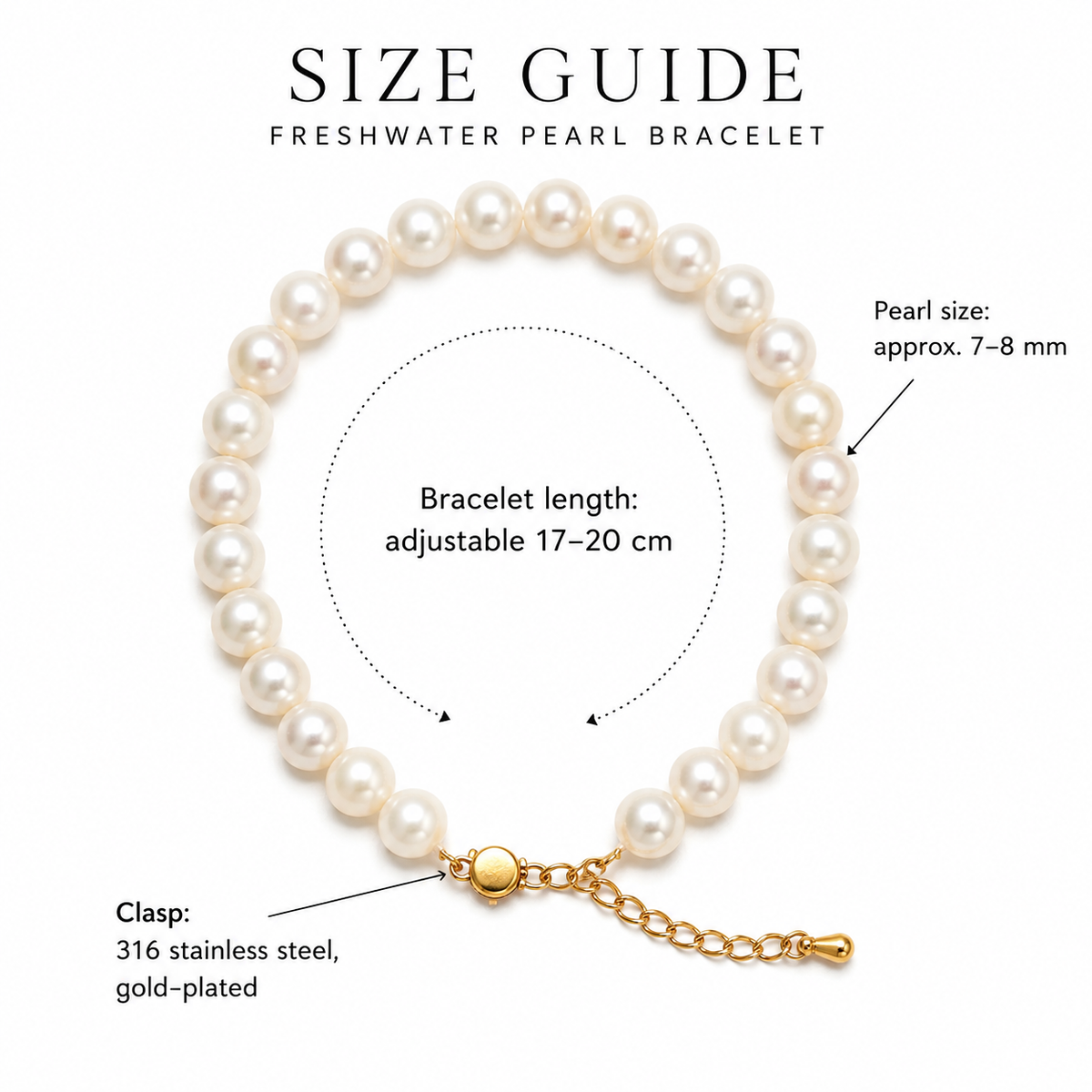 Natural Freshwater Pearl Bracelet 7-8mm Classic Round Pearl Bracelet Adjustable 17-20cm Gold Plated Stainless Steel Clasp Jewelry Gift for Women