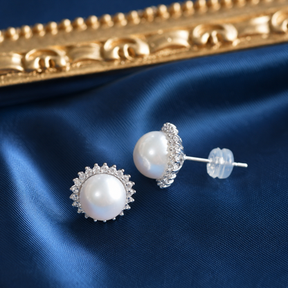 Sunflower Halo Freshwater Pearl Stud Earrings, Approx. 8mm & 10mm Pearl, S925 Sterling Silver Gold Plated Earrings for Women