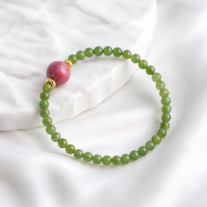 Green Nephrite Jade Bracelet with Natural Rhodonite Accent – Handmade Gemstone Bracelet