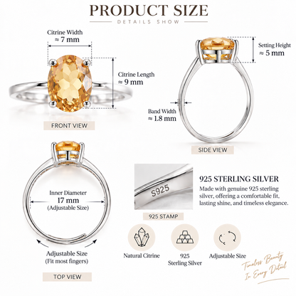 Handcrafted Natural Citrine Ring, 1.6 ct Oval Yellow Gemstone 925 Sterling Silver Adjustable Ring