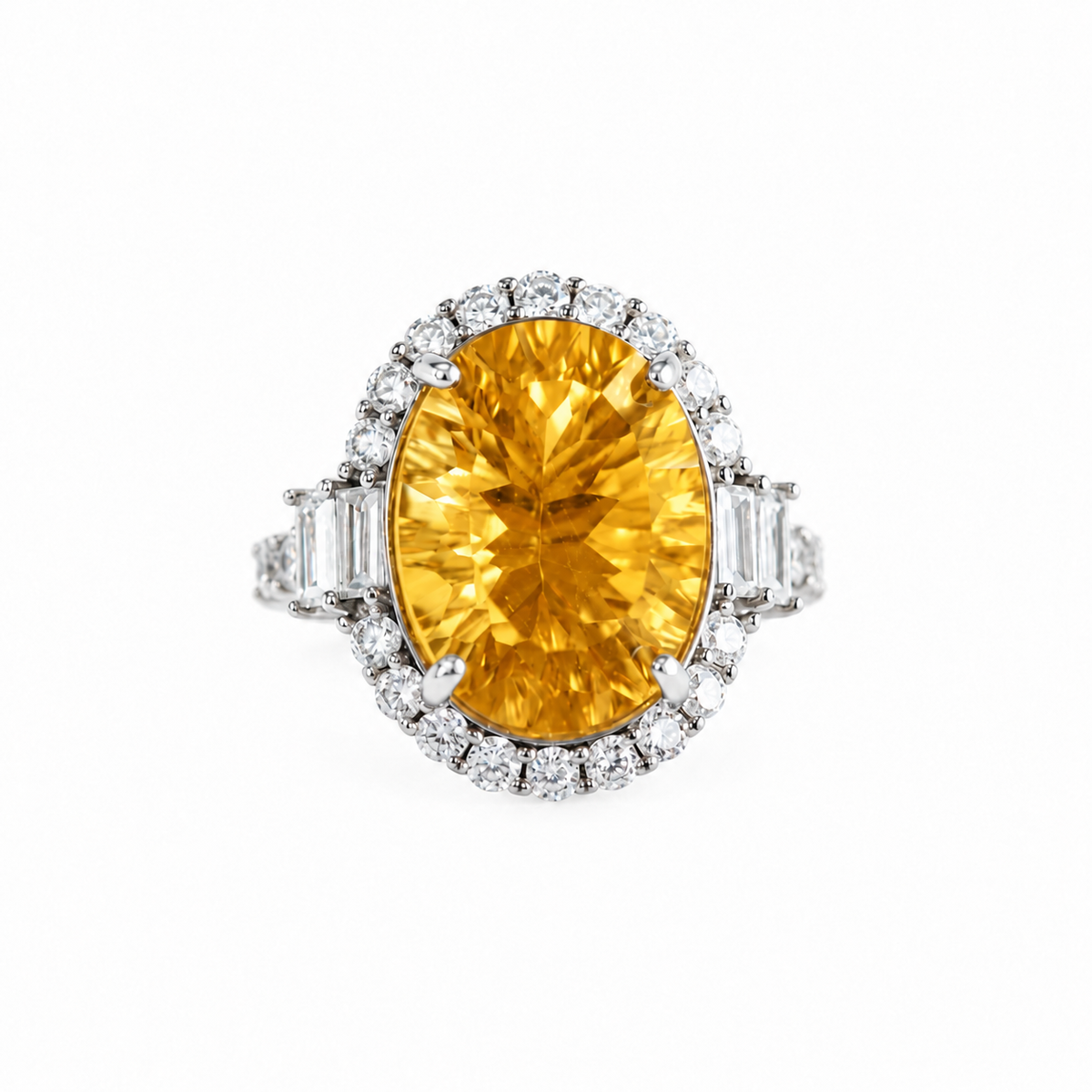 Approx. 10 Carat Brazilian Natural Citrine Oval Halo Statement Ring – 925 Sterling Silver Adjustable Ring