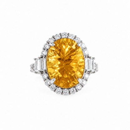 Approx. 10 Carat Brazilian Natural Citrine Oval Halo Statement Ring – 925 Sterling Silver Adjustable Ring